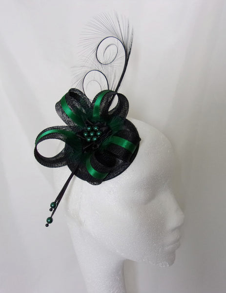 Black Bottle Green Fascinator- Deep Emerald Racing Green Pheasant Curl Feather Sinamay & Pearl Wedding Mini Hat Ascot Derby - Made to Order