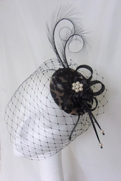 Leopard Print & Black Veil Fascinator Pheasant Curl Feathers Retro Vintage Wedding Percher Fascinator Mini Hat - Made to Order