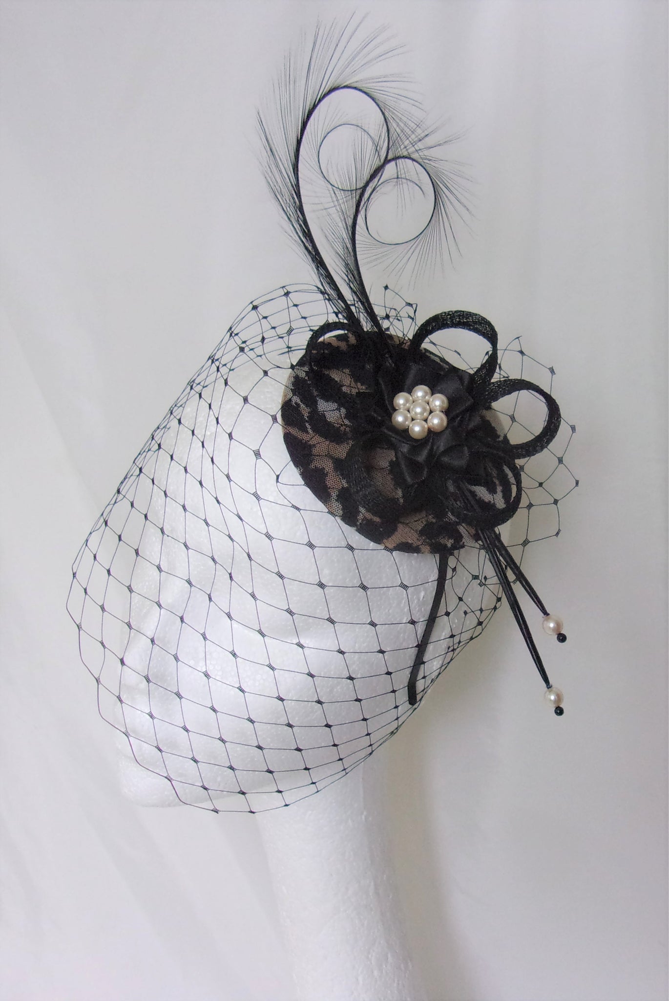 Leopard Print & Black Veil Fascinator Pheasant Curl Feathers Retro Vintage Wedding Percher Fascinator Mini Hat - Made to Order