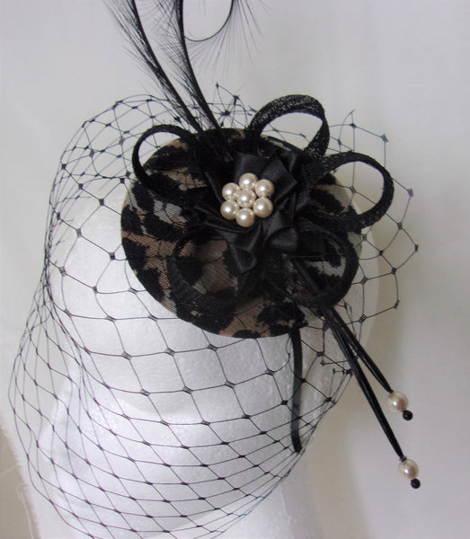 Leopard Print & Black Veil Fascinator Pheasant Curl Feathers Retro Vintage Wedding Percher Fascinator Mini Hat - Made to Order