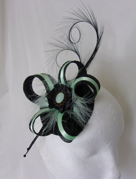 Black and Mint Green Fascinator Pheasant Curl Feather Sinamay & Vintage Crystal Veiled Wedding Mini Hat Ascot Derby - Made to Order