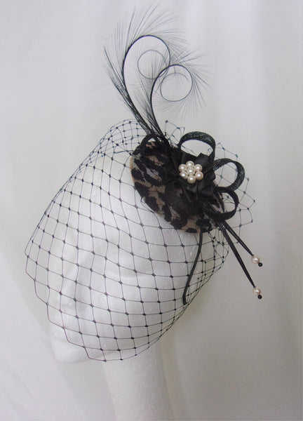 Leopard Print & Black Veil Fascinator Pheasant Curl Feathers Retro Vintage Wedding Percher Fascinator Mini Hat - Made to Order