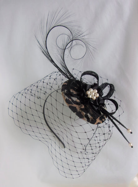 Leopard Print & Black Veil Fascinator Pheasant Curl Feathers Retro Vintage Wedding Percher Fascinator Mini Hat - Made to Order