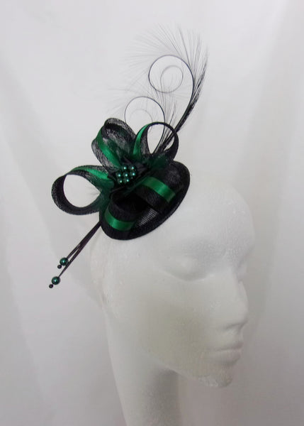 Black Bottle Green Fascinator- Deep Emerald Racing Green Pheasant Curl Feather Sinamay & Pearl Wedding Mini Hat Ascot Derby - Made to Order