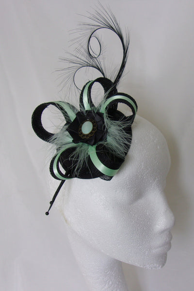 Black and Mint Green Fascinator Pheasant Curl Feather Sinamay & Vintage Crystal Veiled Wedding Mini Hat Ascot Derby - Made to Order