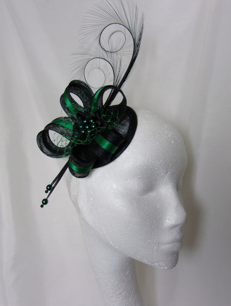 Black Bottle Green Fascinator- Deep Emerald Racing Green Pheasant Curl Feather Sinamay & Pearl Wedding Mini Hat Ascot Derby - Made to Order