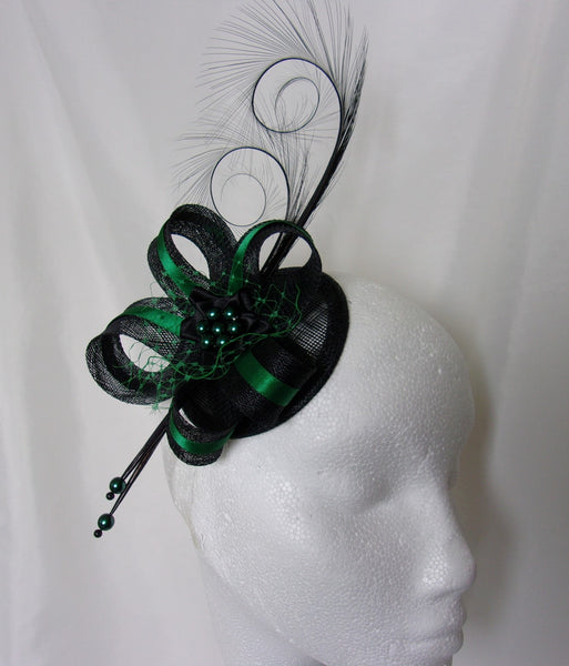 Black Bottle Green Fascinator- Deep Emerald Racing Green Pheasant Curl Feather Sinamay & Pearl Wedding Mini Hat Ascot Derby - Made to Order