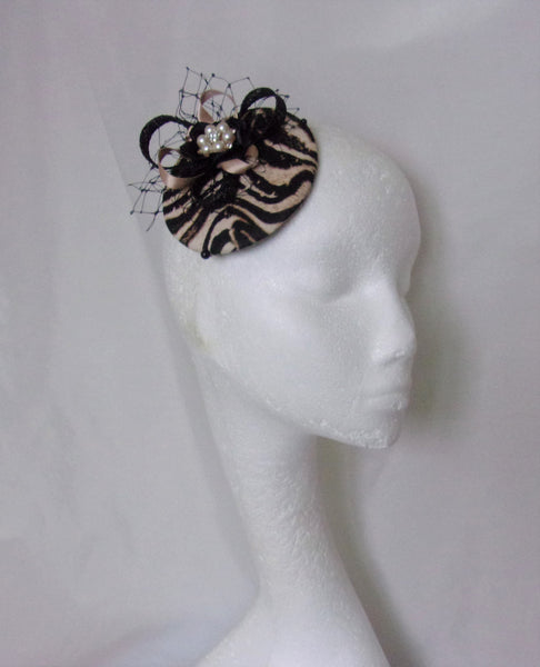 Black & Nude Tiger Print Cocktail Percher Hat Fascinator Animalprint Mini Headpiece - Wedding Vintage - Ready Made