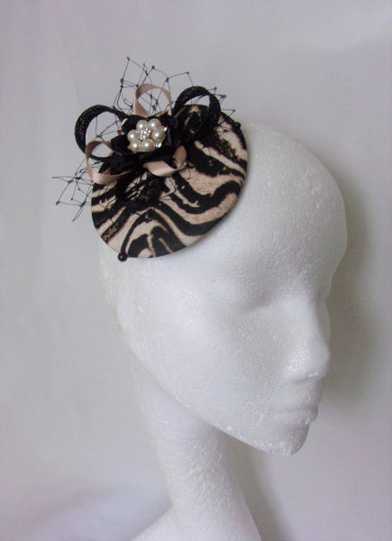 Black & Nude Tiger Print Cocktail Percher Hat Fascinator Animalprint Mini Headpiece - Wedding Vintage - Ready Made