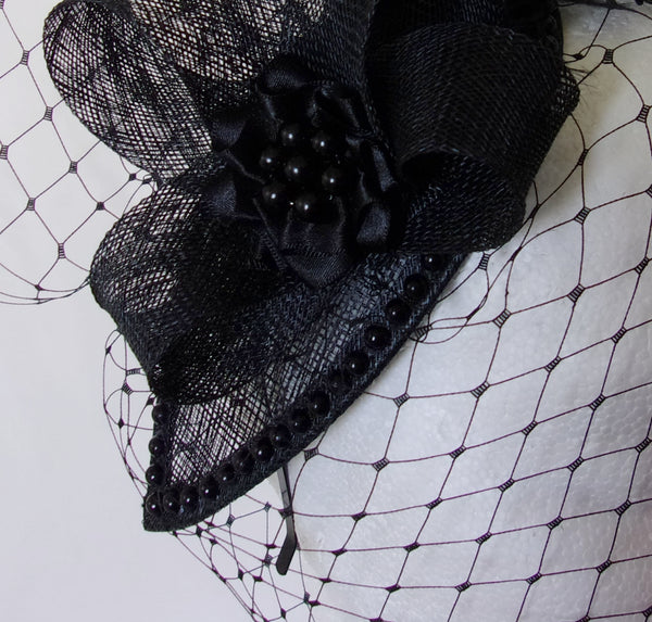 Black Crystal Fascinator Veiled  Pearl Studded Teardrop Fascinator Percher Mini Hat Gothic Royal Ascot Wedding - Made To Order