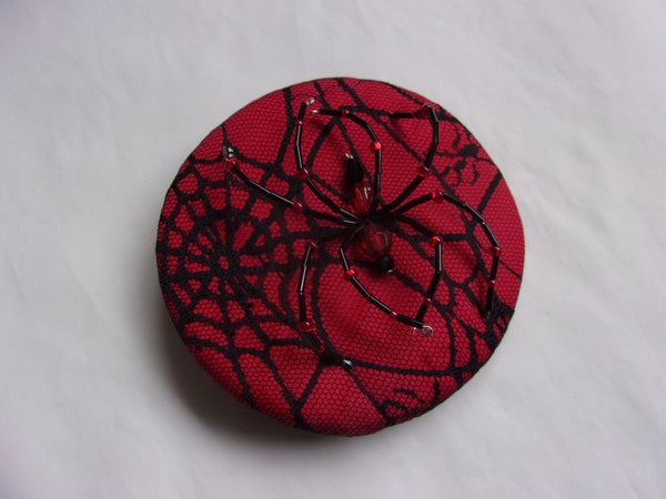 Bright Red & Black Crystal Spider Cobweb Cocktail Hat Fascinator Mini Headpiece - Gothic Halloween Wedding- Ready Made 