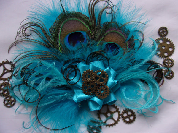 Turquoise Lagoon Blue Steampunk Peacock Feather & Brass Cogs Mini Fascinator Wedding Cosplay Hair Hat Clip- Made to Order