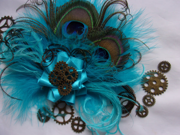 Turquoise Lagoon Blue Steampunk Peacock Feather & Brass Cogs Mini Fascinator Wedding Cosplay Hair Hat Clip- Made to Order