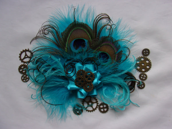 Turquoise Lagoon Blue Steampunk Peacock Feather & Brass Cogs Mini Fascinator Wedding Cosplay Hair Hat Clip- Made to Order