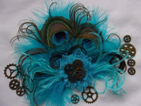 Turquoise Lagoon Blue Steampunk Peacock Feather & Brass Cogs Mini Fascinator Wedding Cosplay Hair Hat Clip- Made to Order