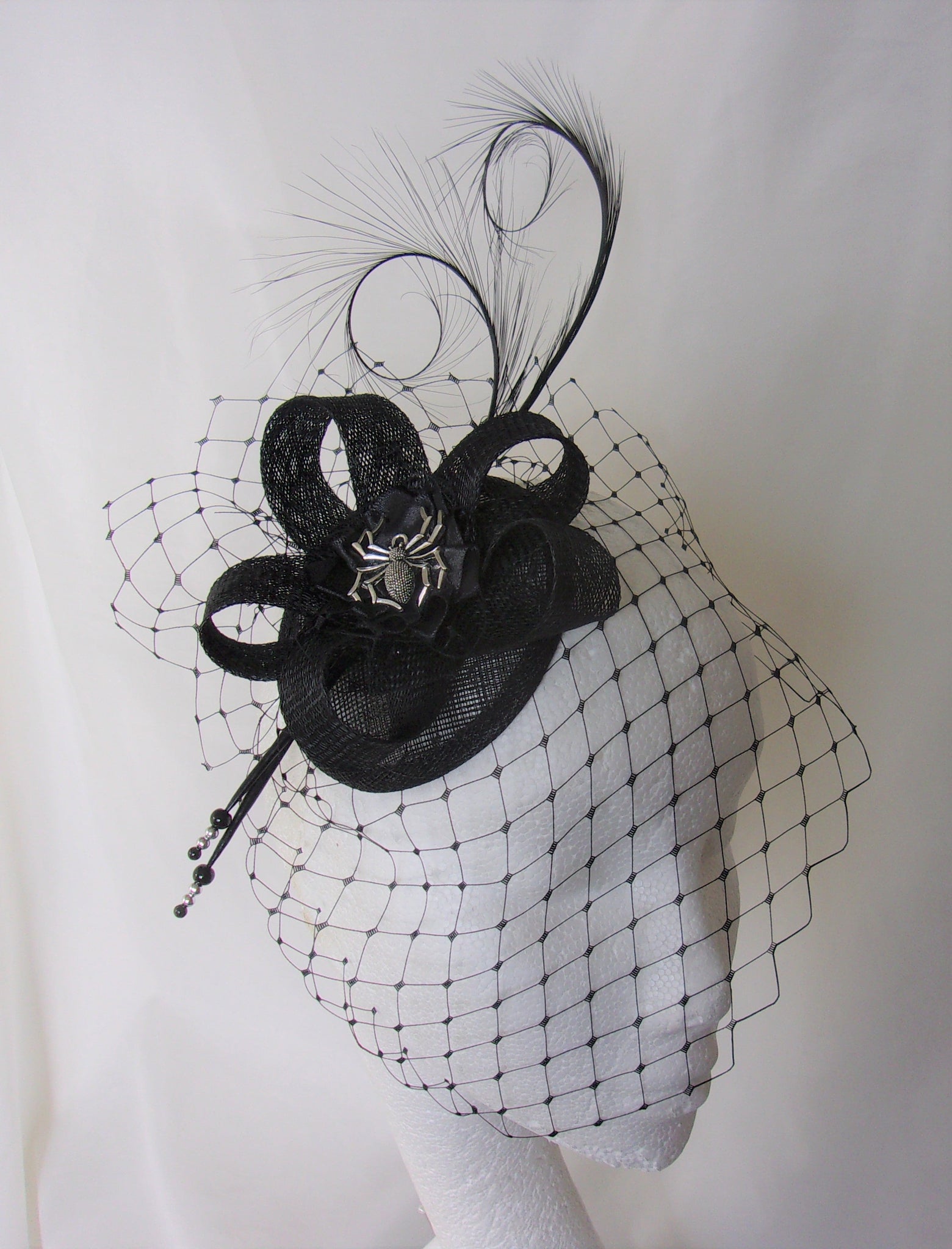 Black Spider Cocktail Hat - Gothic Spooky Halloween Elegant Sinamay & Feather Fascinator Wedding Headpiece - Made to Order 