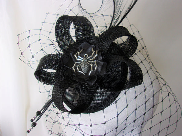 Black Spider Cocktail Hat - Gothic Spooky Halloween Elegant Sinamay & Feather Fascinator Wedding Headpiece - Made to Order 