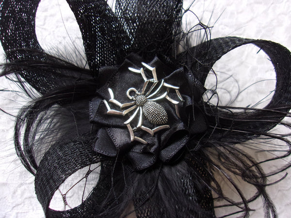 Black Spider Clip - Sinamay Loop Feather Gothic Spooky Halloween Wedding Mini Fascinator Hair Clip - Made to Order 