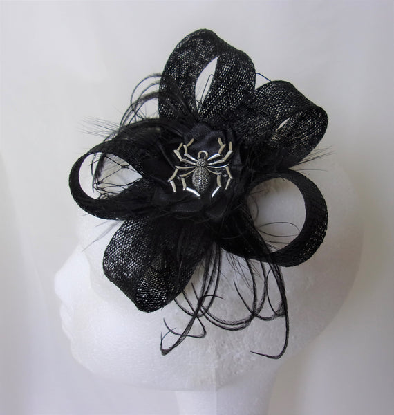 Black Spider Clip - Sinamay Loop Feather Gothic Spooky Halloween Wedding Mini Fascinator Hair Clip - Made to Order 