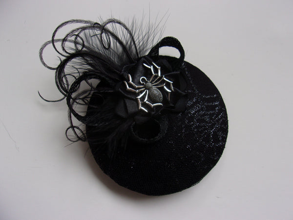 Black Spider Cocktail Hat Small Elegant Cobweb Feathers Percher Fascinator Mini Headpiece - Gothic Halloween Wedding- Made to Order 
