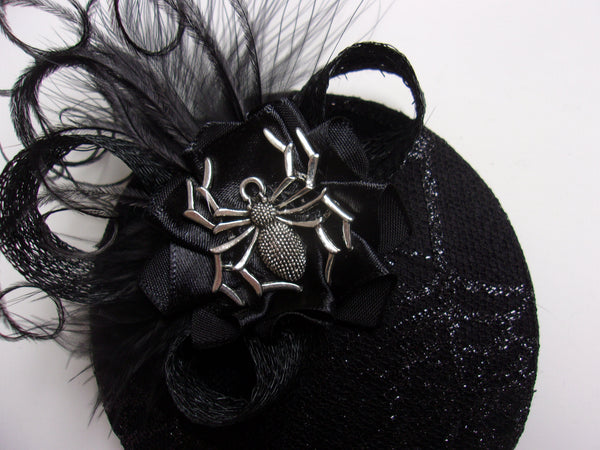 Black Spider Cocktail Hat Small Elegant Cobweb Feathers Percher Fascinator Mini Headpiece - Gothic Halloween Wedding- Made to Order 