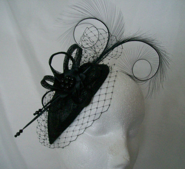 Black Eleanora - Blusher Veil Curl Feather & Crystal Teardrop Gothic Wedding Fascinator Mini Hat - Gothic Diva Wedding Designs