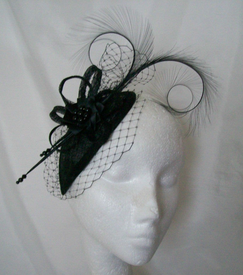 Black Eleanora - Blusher Veil Curl Feather & Crystal Teardrop Gothic Wedding Fascinator Mini Hat - Gothic Diva Wedding Designs