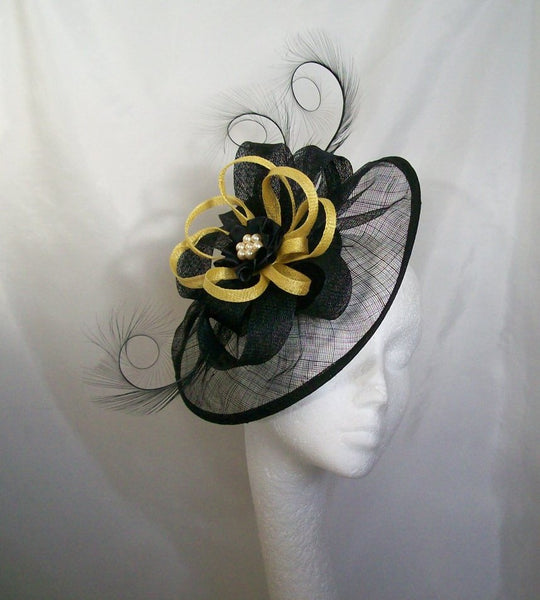 Black Yellow Fascinator - Large Sinamay Saucer Curl Feather with Primrose Loops & Pearls Derby Ascot Headpiece Hat - Custom Made to Order