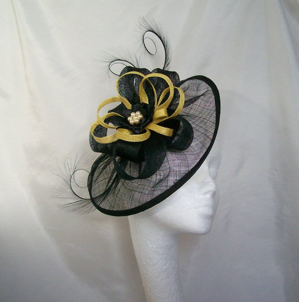 Black Yellow Fascinator - Large Sinamay Saucer Curl Feather with Primrose Loops & Pearls Derby Ascot Headpiece Hat - Custom Made to Order