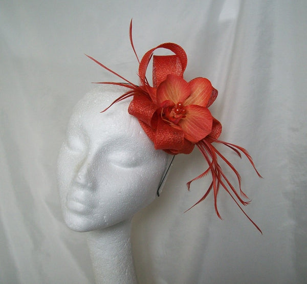 alice sinamay fascinator hat with feathers diamante and orchid flower by indigo daisy weddings