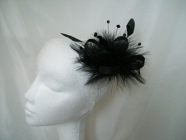 Black Ophelia - Small Sinamay Loop Feather & Crystal Fascinator Hair Comb - Gothic Diva Wedding Designs
