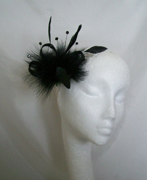 Black Ophelia - Small Sinamay Loop Feather & Crystal Fascinator Hair Comb - Gothic Diva Wedding Designs