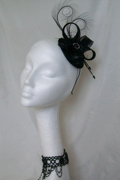 Black Isabel - Satin & Sinamay Contrast Curl Feather Gothic Wedding Fascinator Mini Hat - Gothic Diva Wedding Designs