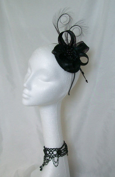 Black Isabel - Satin & Sinamay Contrast Curl Feather Gothic Wedding Fascinator Mini Hat - Gothic Diva Wedding Designs