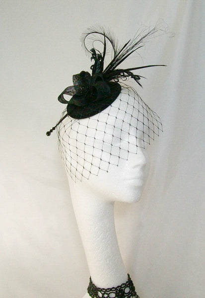 Black Rosalind - Mixed Feather Plume & Crystal Elegant Gothic Vintage Percher Fascinator Mini Hat - Gothic Diva Wedding Designs