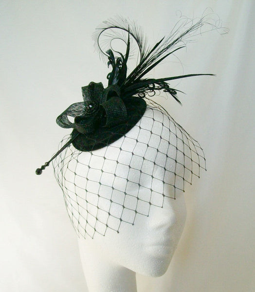 Black Rosalind - Mixed Feather Plume & Crystal Elegant Gothic Vintage Percher Fascinator Mini Hat - Gothic Diva Wedding Designs