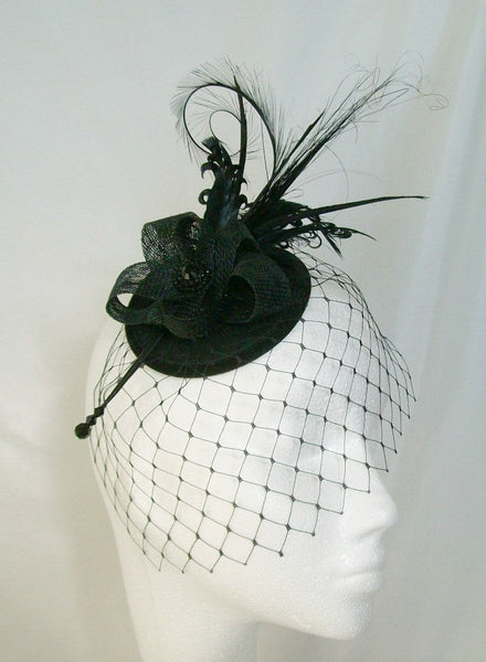 Black Rosalind - Mixed Feather Plume & Crystal Elegant Gothic Vintage Percher Fascinator Mini Hat - Gothic Diva Wedding Designs