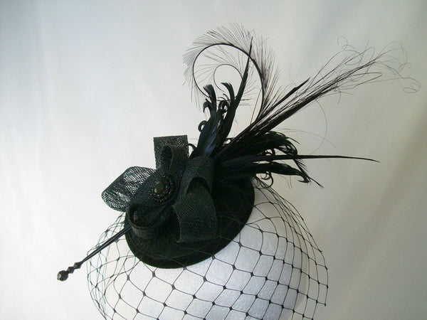 Black Rosalind - Mixed Feather Plume & Crystal Elegant Gothic Vintage Percher Fascinator Mini Hat - Gothic Diva Wedding Designs