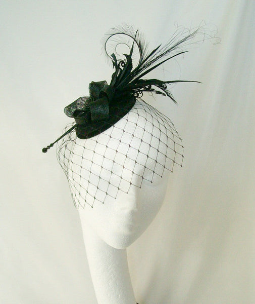 Black Rosalind - Mixed Feather Plume & Crystal Elegant Gothic Vintage Percher Fascinator Mini Hat - Gothic Diva Wedding Designs