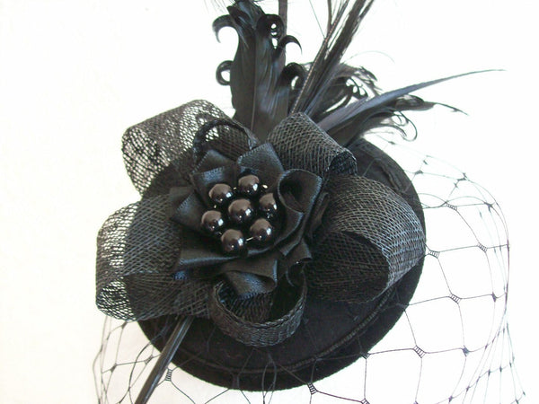 Black Rosalind - Mixed Feather Plume & Crystal Elegant Gothic Vintage Percher Fascinator Mini Hat - Gothic Diva Wedding Designs