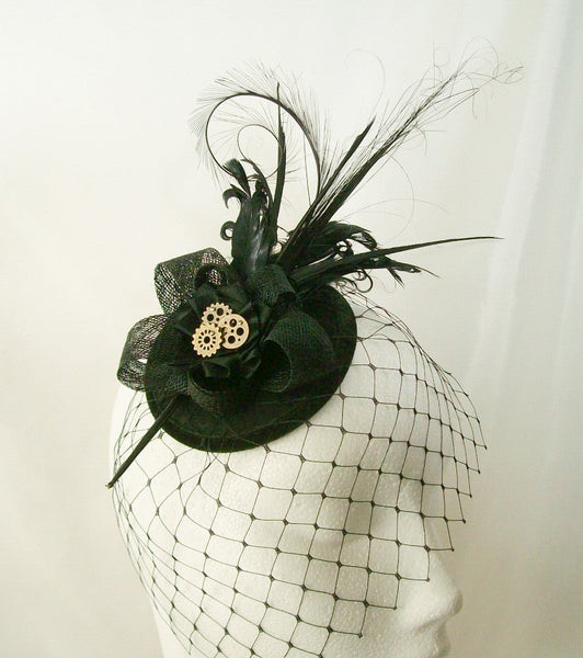 Black Rosalind - Mixed Feather Plume & Silver Bronze Steampunk Vintage Percher Fascinator Mini Hat - Gothic Diva Wedding Designs