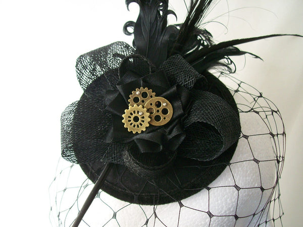 Black Rosalind - Mixed Feather Plume & Silver Bronze Steampunk Vintage Percher Fascinator Mini Hat - Gothic Diva Wedding Designs