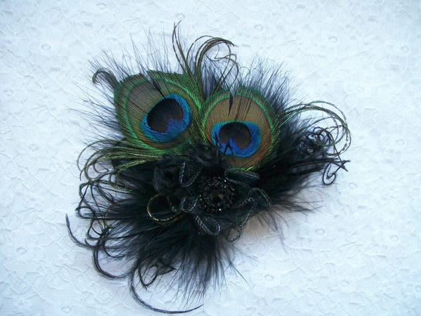 Black Small Peacock Feather & Crystal Vintage Gothic Steampunk Mini Fascinator Hair Clip - Gothic Diva Wedding Designs