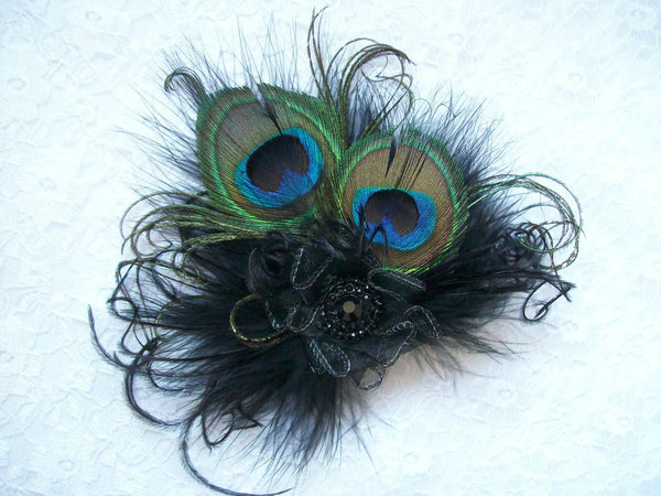 Black Small Peacock Feather & Crystal Vintage Gothic Steampunk Mini Fascinator Hair Clip - Gothic Diva Wedding Designs