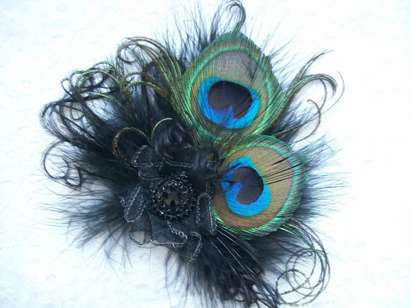 Black Small Peacock Feather & Crystal Vintage Gothic Steampunk Mini Fascinator Hair Clip - Gothic Diva Wedding Designs