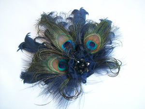 Midnight Navy Blue Peacock and Curl Feather Crystal Vintage Style Mini Fascinator Hair Clip - Gothic Diva Wedding Designs