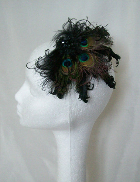 Black Daphne -Peacock & Curl Feather Lace & Crystal Vintage Style Gothic Fascinator Hair Clip - Gothic Diva Wedding Designs