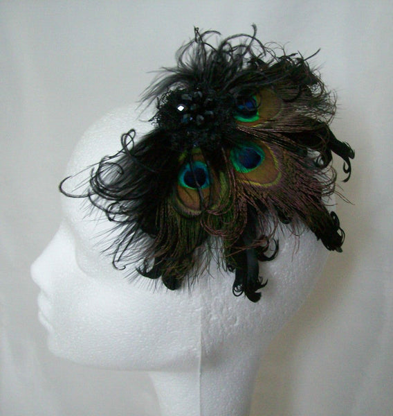 Black Daphne -Peacock & Curl Feather Lace & Crystal Vintage Style Gothic Fascinator Hair Clip - Gothic Diva Wedding Designs