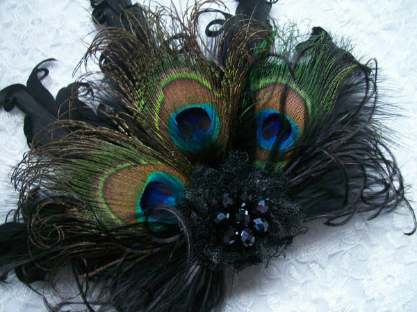 Black Daphne -Peacock & Curl Feather Lace & Crystal Vintage Style Gothic Fascinator Hair Clip - Gothic Diva Wedding Designs