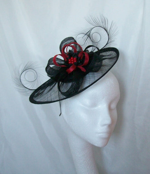 Black & Dark Red Fascinator Large Sinamay Saucer Curl Feather and Poppy Red Loop Pearl Hat Wedding Royal Ascot - Made to Order
